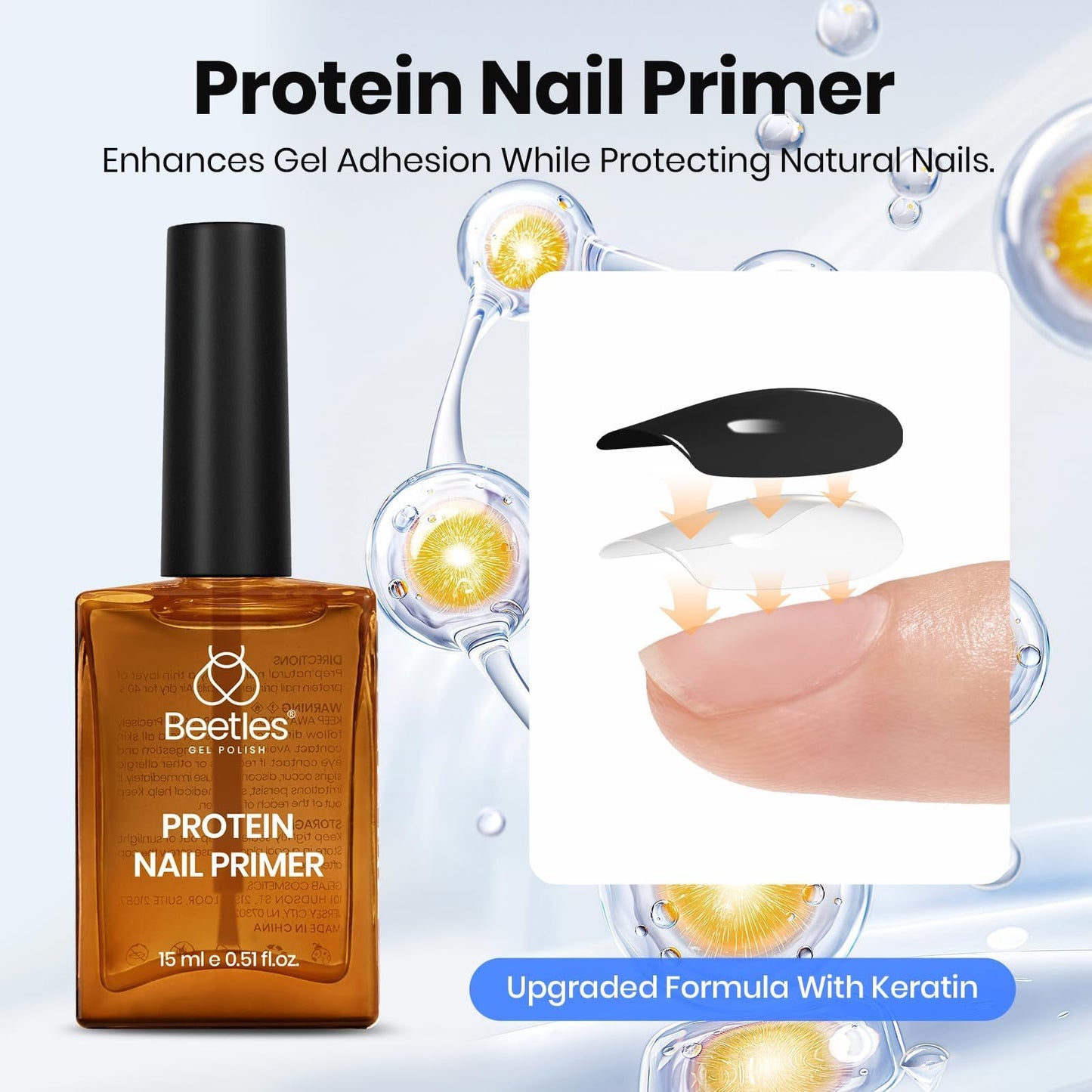 Beetles 3Pcs 15ml HEMA-Free Nail Prep & Glue Set, Professional Protein Nail Prep Acid-Free Dehydrate Bond Primer, TPO Free 9 in 1 Nail Glue Gel for Nail Tips Clear Press On Nails Nail Extension