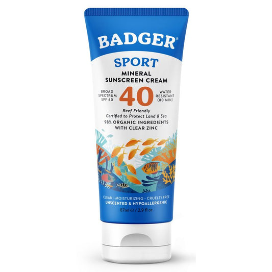 Badger Reef Safe Sunscreen Tin, Unscented SPF 40 Sport Mineral Sunscreen, 98% Organic, 80min Water Resistant Travel Size Hawaii Approved, 2.4 oz Tin, 2-Pack