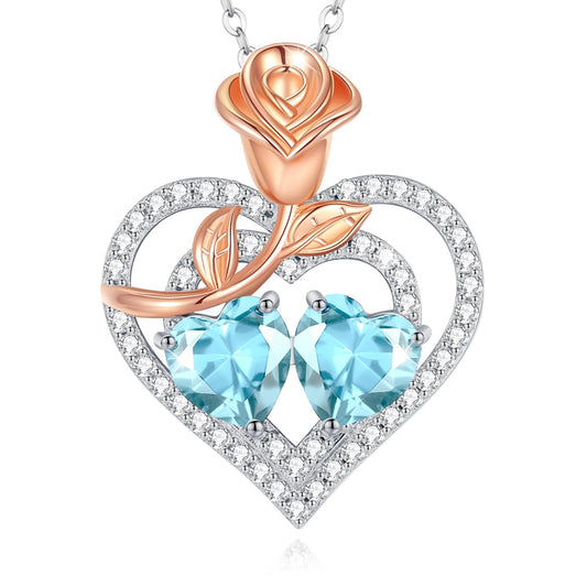 AGVANA March Birthstone Jewelry Aquamarine Necklace Sterling Silver Rose Flower Heart Double Birthstone Pendant Necklace Anniversary Birthday Gifts for Women Mom Wife Lady Her