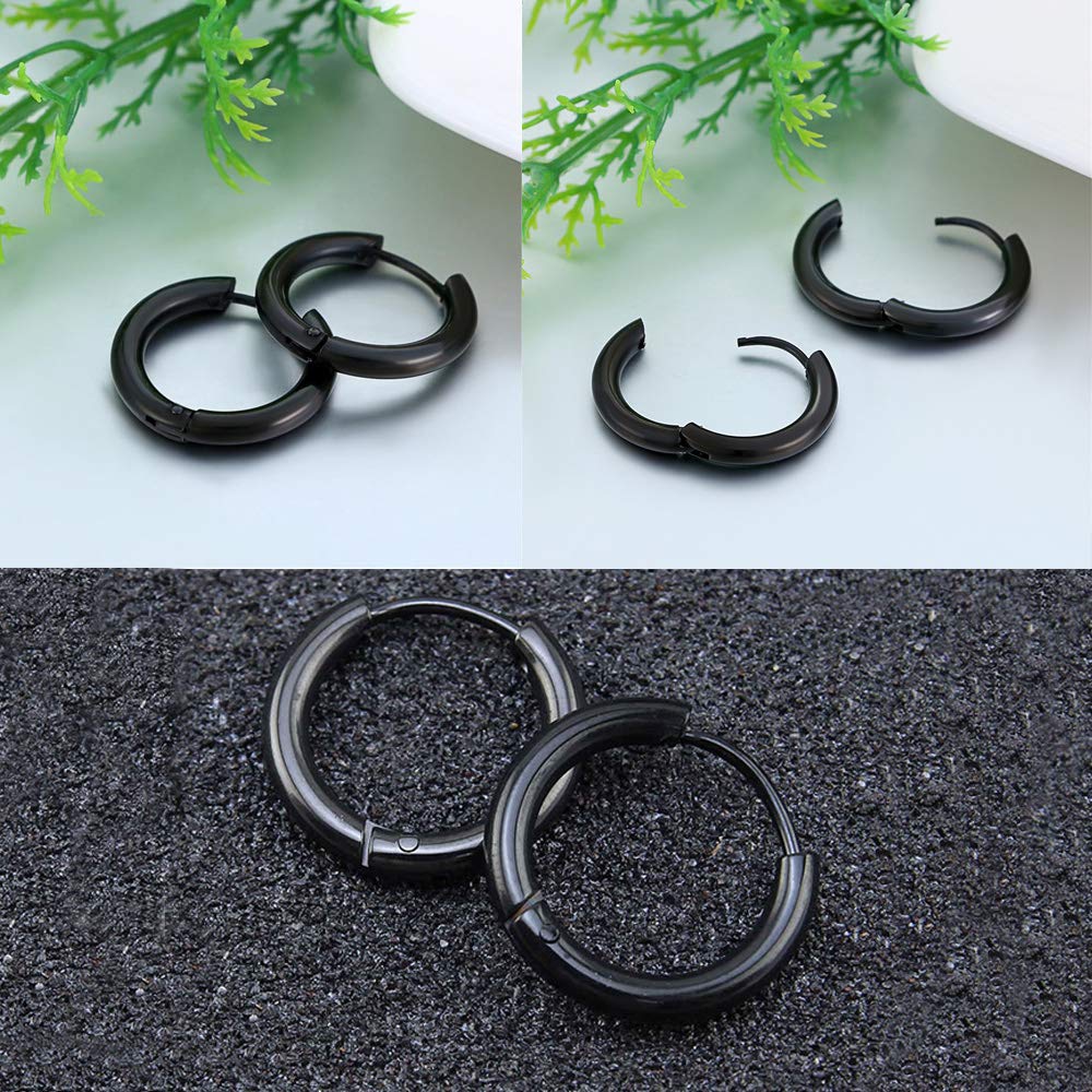 316L Surgical Stainless Steel Huggie Hoop Earrings 10mm Black Hypoallergenic Earrings Hoop Cartilage Helix Lobes Hinged Sleeper Earrings For Men Women(C03:10mm Black(THK 2.0mm))
