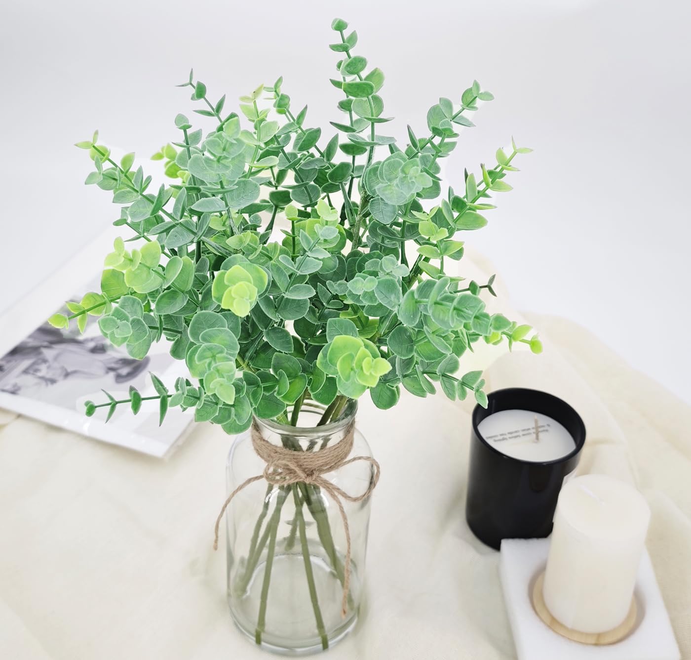 gonfaci Fake Eucalyptus Stems in Glass Vase with Faux Water, 14" Artificial Plants Eucalyptus Leaves for Shelf Desk Bathroom Farmhouse Room Coffee Table Home Decor (Sage Green)
