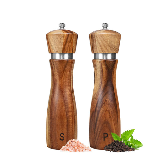 2 Pack Acacia Wood Salt and Pepper Grinder Set, Wooden Salt and Pepper Mill Set Salt and Pepper Shaker Tableware Birthday Gifts Ceramic Core-8 Inch