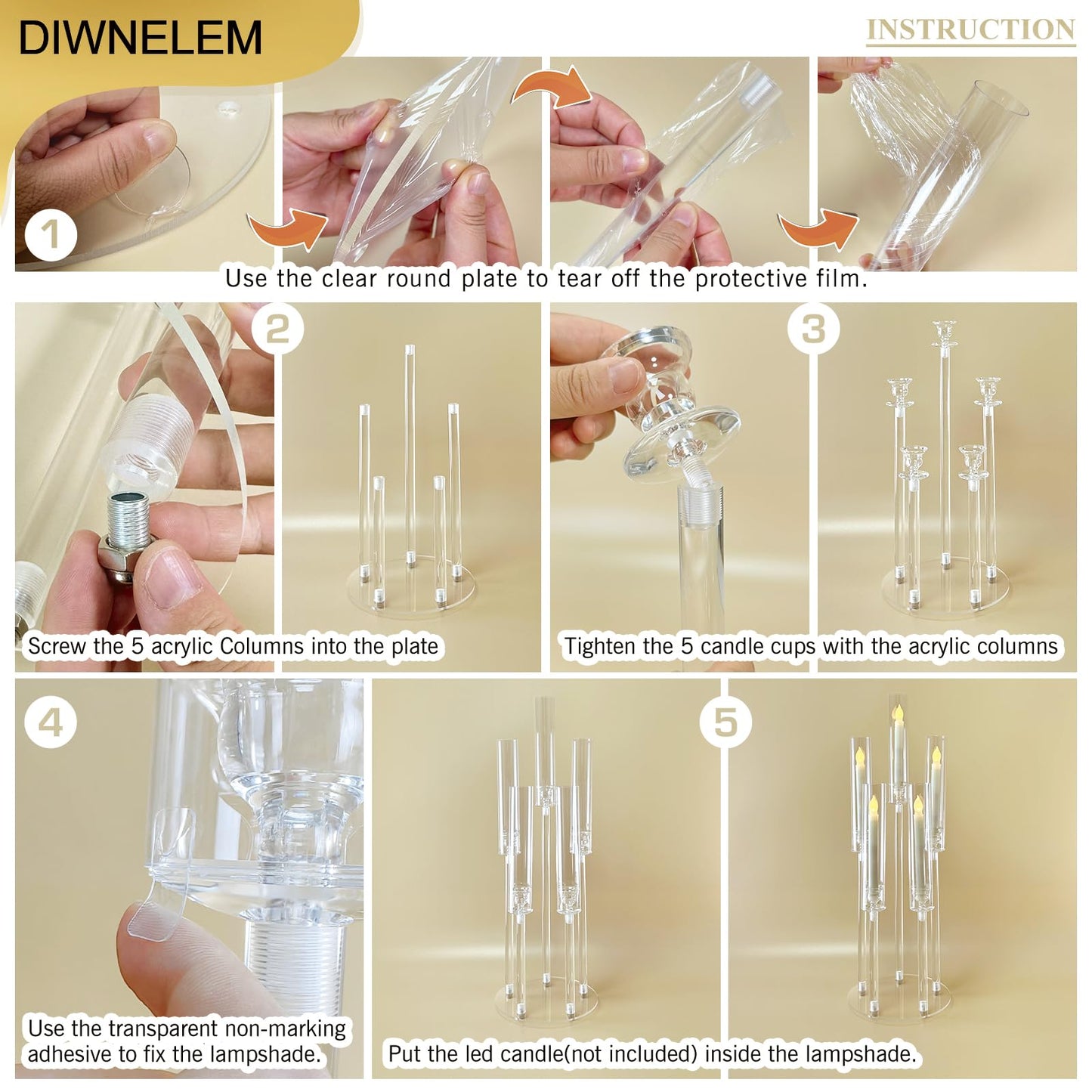 DIWNELEM 4Pcs Acrylic Candelabra Centerpieces for Wedding 5 Arm Clear Candle Candlesticks Holders 25.5" Tall Crystal Taper Candlestick with Shade Fit 0.87'' Led Candle for Christmas Party Home Decor"