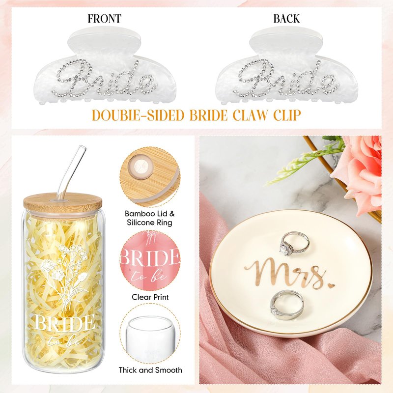 LemonRoad 11 Pcs Bride Gifts Basket Set for Bridal Shower Bachelorette Party Heart Glasses Glass Cup Makeup Bag Bracelet Claw Clip Scrunchies Card Bride to Be Box Wedding Engagement Gifts for Her