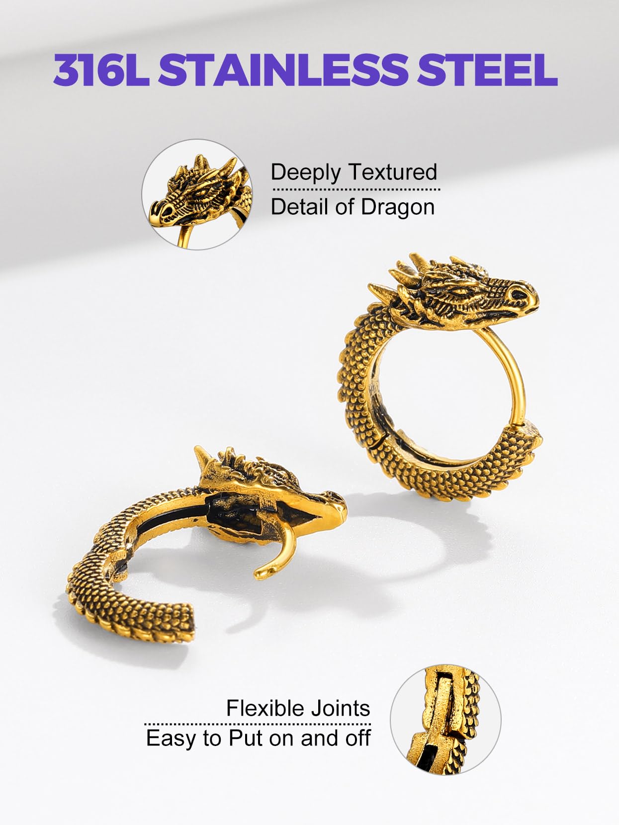 Richsteel Punk Dragon Hoop Earrings for Men & Women - Stainless Steel Gothic Jewelry, Huggie Statement Hoop Earrings