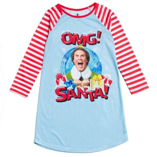 Elf Big Girls' Holiday Raglan Long Sleeve Graphic Sleep Shirt Buddy Light Blue 14-16