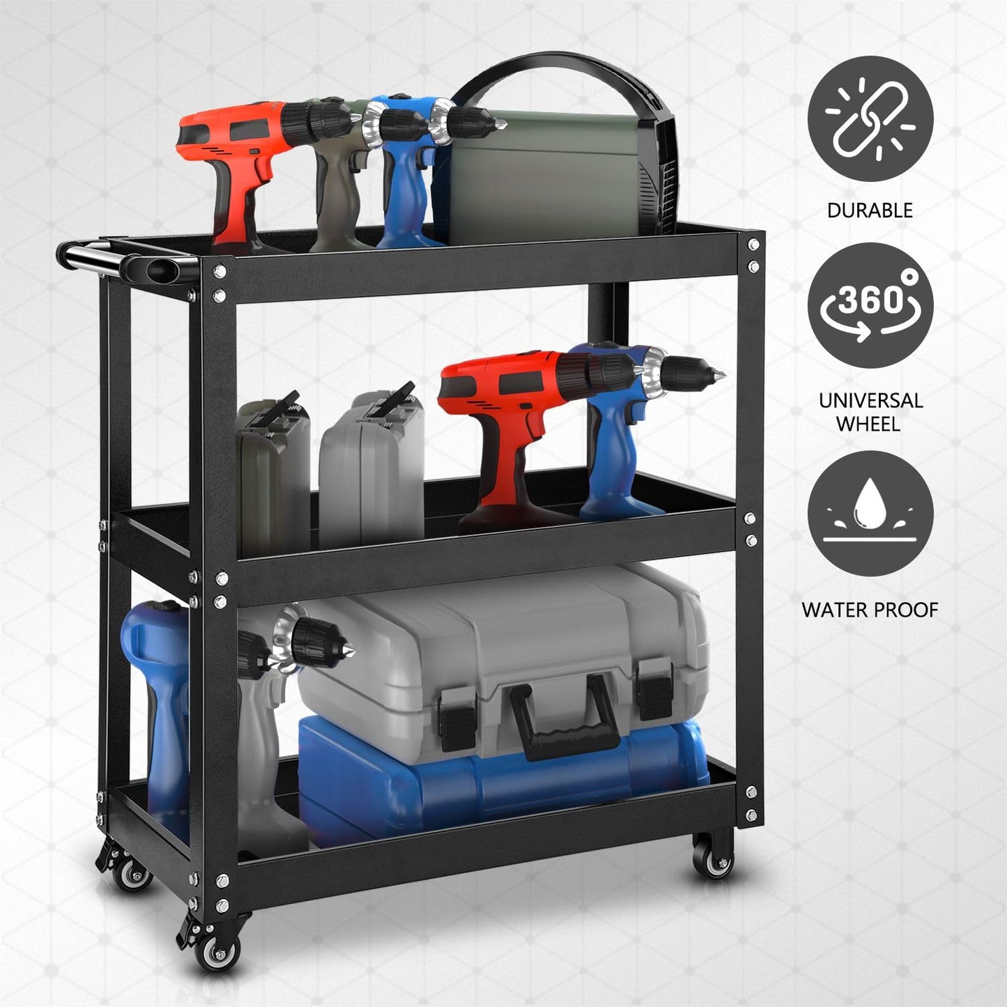 DNA MOTORING 3 Tier Rolling Tool Cart, Heavy Duty Rolling Service Tool Cart with 3 Tires, Metal Service Cart for Warehouse, Garage, Office, Workshop, TOOLS-00796-BK