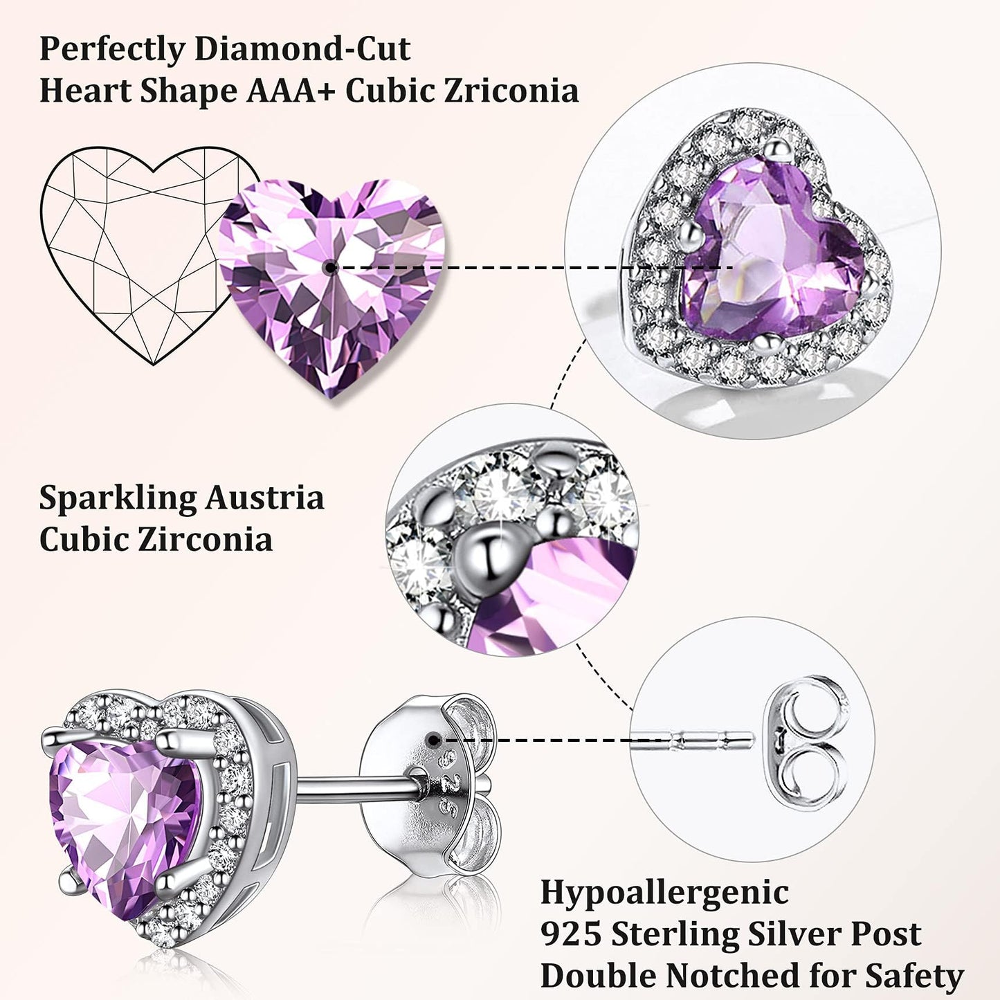 Bestyle Flattering June Alexandrite Heart Birthstone Earrings for Women Dainty Hypoallergenic Silver Earrings for Women Cute Purple Heart Studs