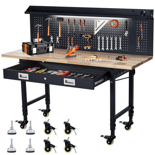 ACONEE 60" Adjustable Workbench with Drawer Storage, Heavy-Duty Worktable with Pegboard & Power Outlet, Solid Steel Frame, 2000LBs Load Capacity Rubber Wood Top Workbench for Garage, Office, Workshop