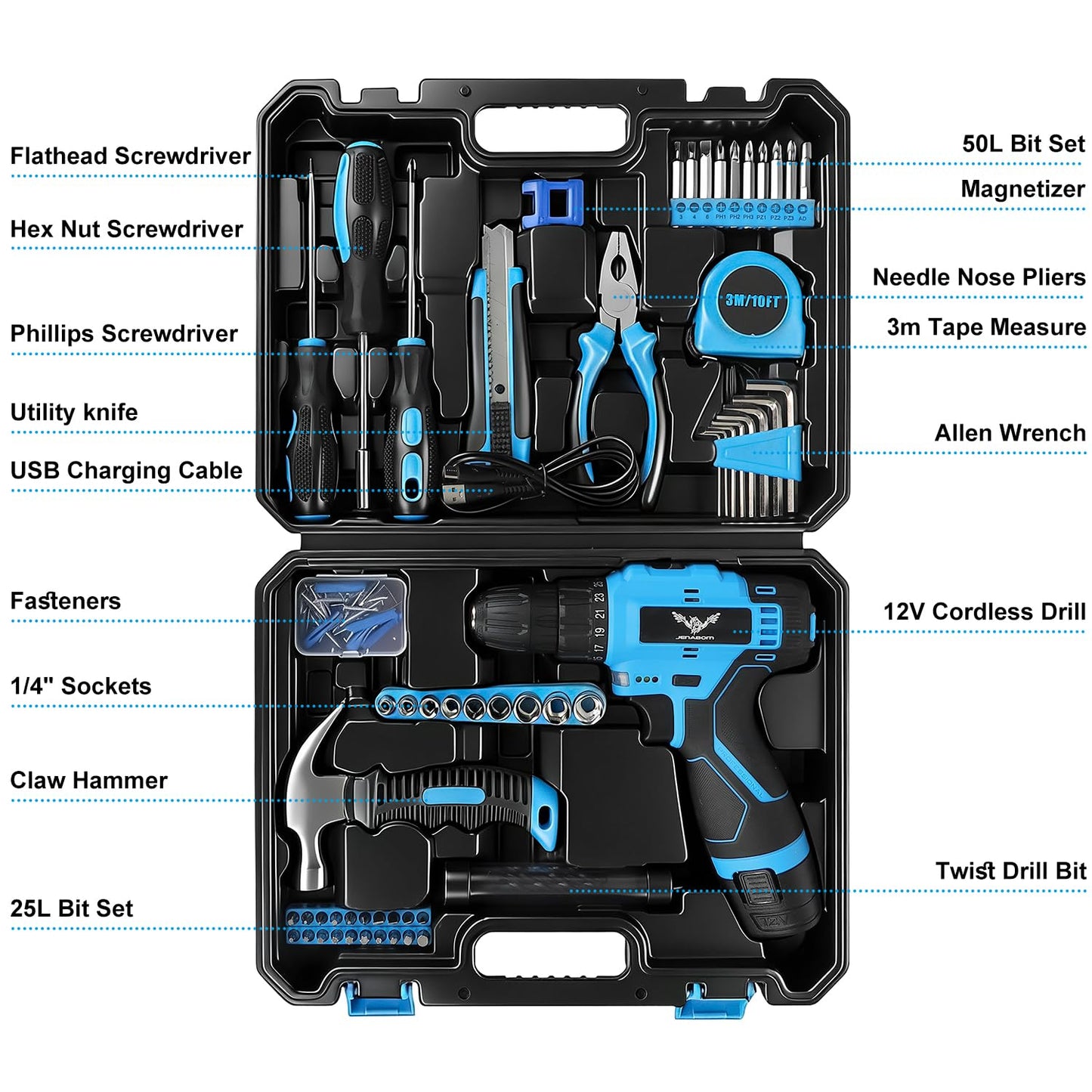 JENABOM Tool Set：Tool Kit with 12V Cordless Drill,Tool Box with Drill,Hand Drill Set for Men & Women,Home Tool Kits for House Repair,Handyman,DIY 146 Piece
