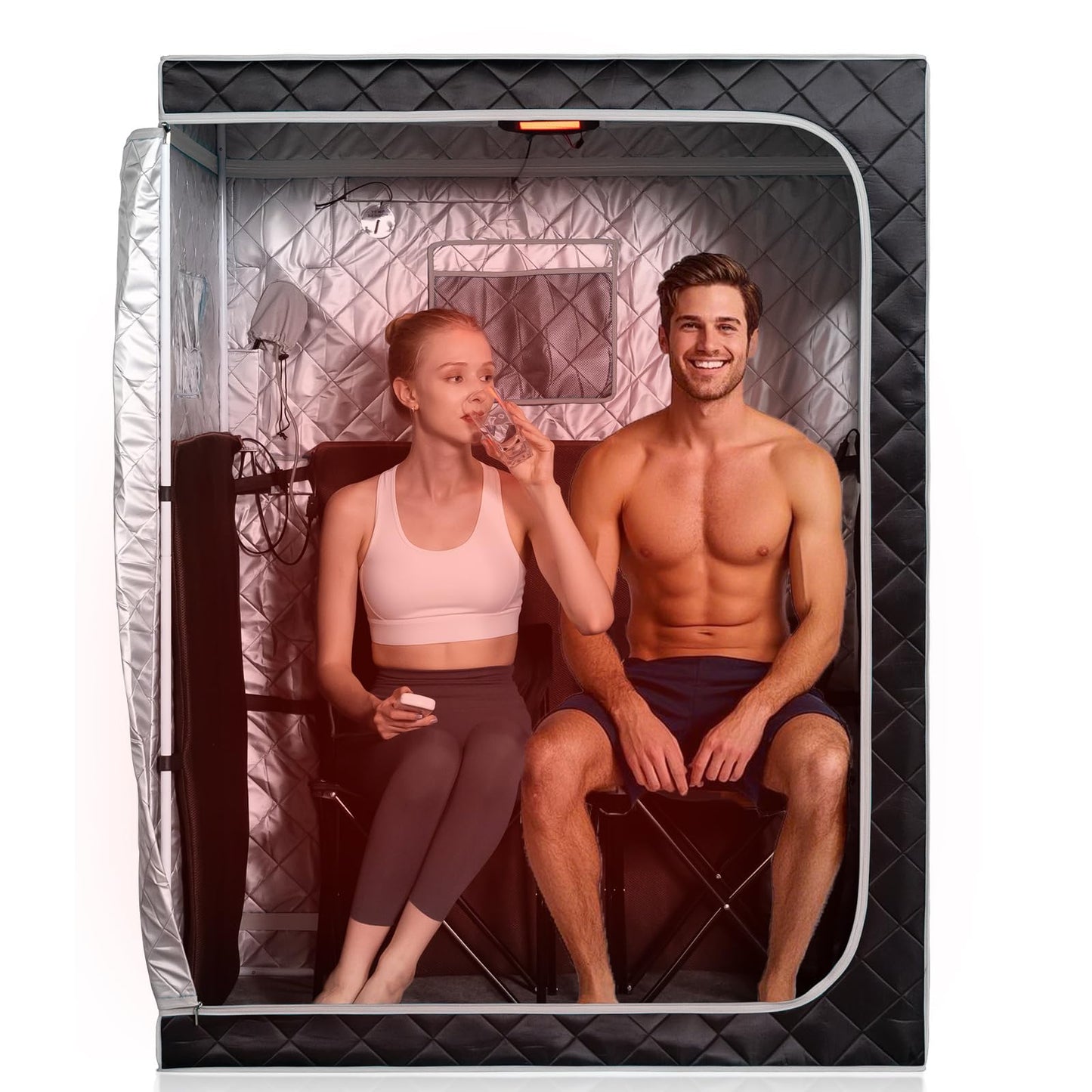 Smartmak Portable Far Infrared Sauna, Home Two Person Sauna Box with 660nm Red Light Therapy Lamp, X-Large Full Size Indoor SPA Tent for Body Recovery, Remote Control, 2 Folding Chairs, Greyborder