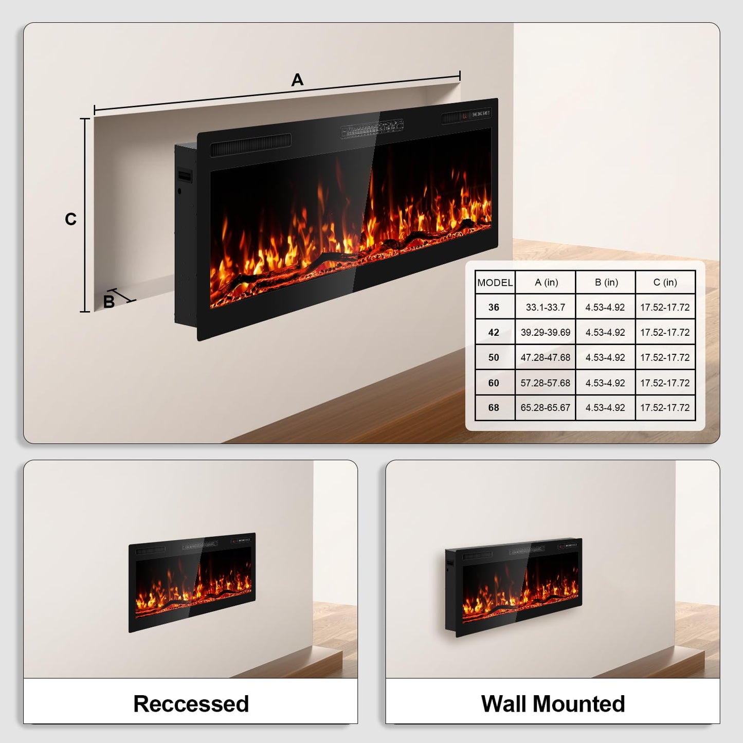 BREEZEHEAT 36 Inch Electric Fireplace Recessed and Wall Mounted, Ultra Slim Linear Fireplace Heater 750/1500W w/Log, 12 Flame Colors, Lower Noise, 8H Timer