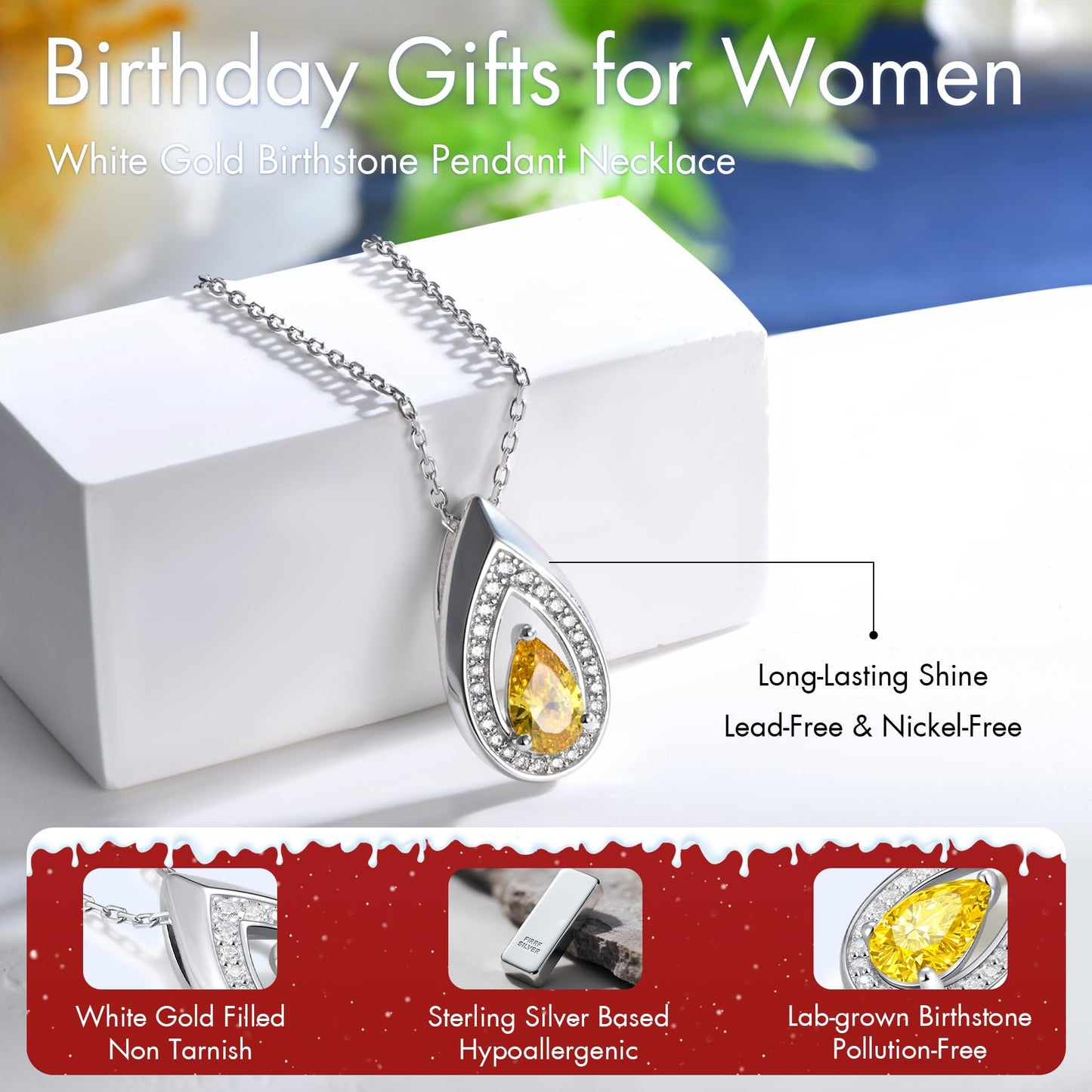 Kstyle 925 Sterling Silver Citrine November Birthstone Pendant Necklace Teardrop Jewelry Valentine's Day Anniversary Birthday Gift for Mom Daughter Wife Girlfriend Non Tarnish