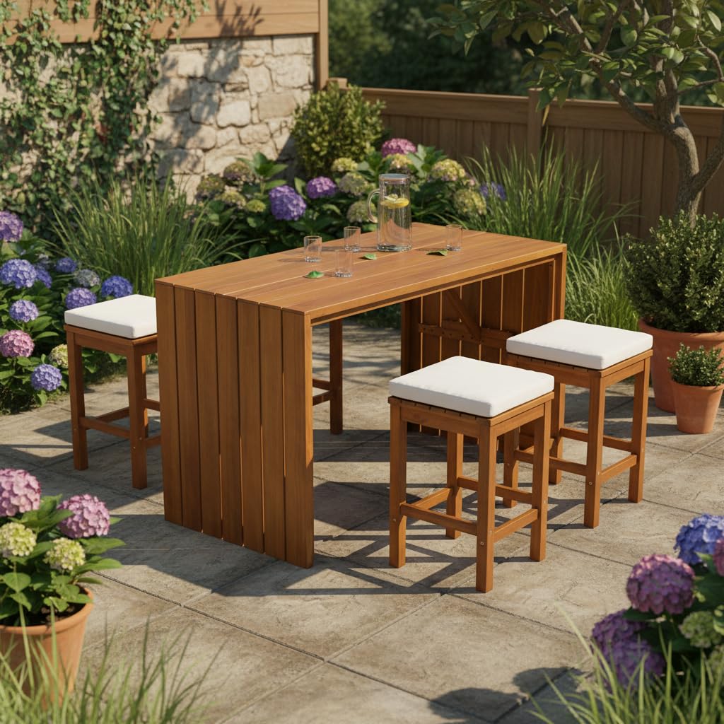 GDFStudio 5 Piece Outdoor Bar Table Set with 4 Stools, Patio Acacia Wood Bar Height Dining Furniture with Cushions, Natural Wood Counter Height Table & Chairs for Backyard, Balcony, Garden, Poolside