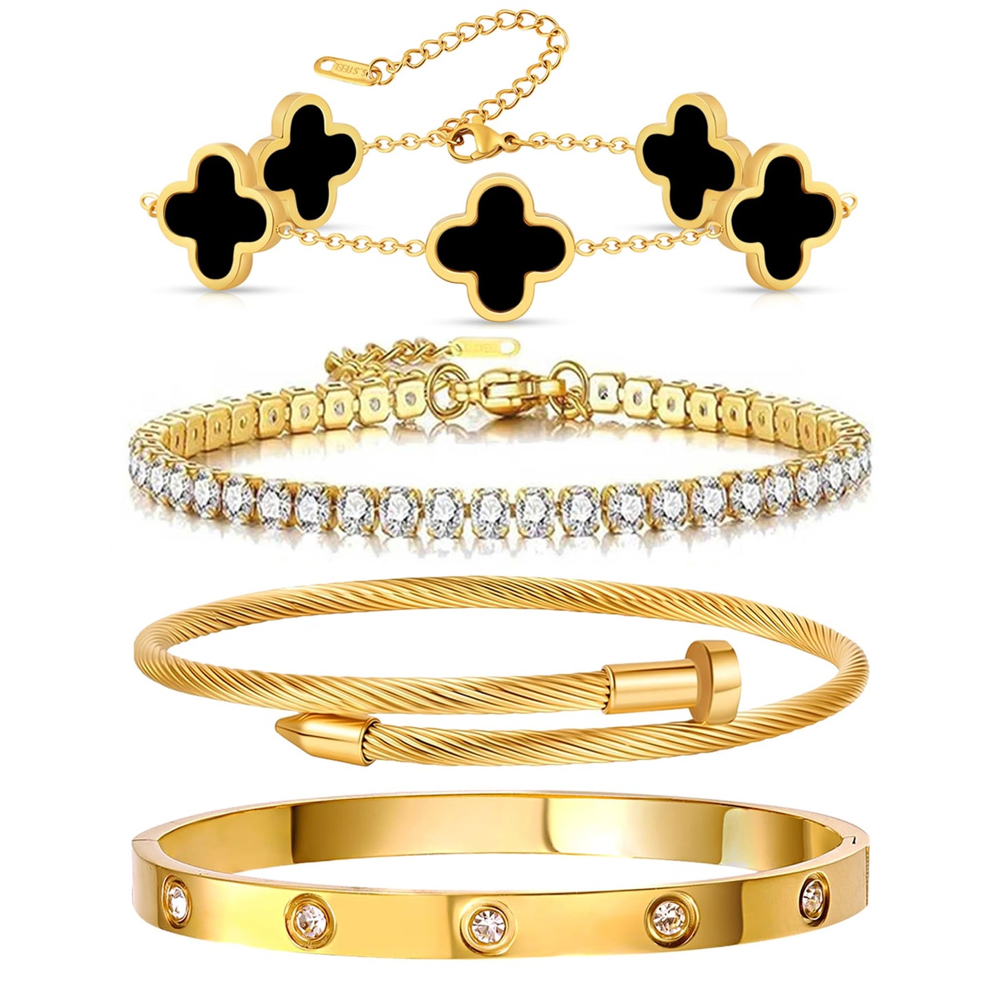 Gold Bracelets for Women, 18K Gold Plated Women Tennis Bracelets Clover Nail Love Bangle Bracelet Set, Gold Bracelet Stackable Set Trendy Jewelry, Gifts for Women's Day and Mother's Day (10-Color- 4 Black)