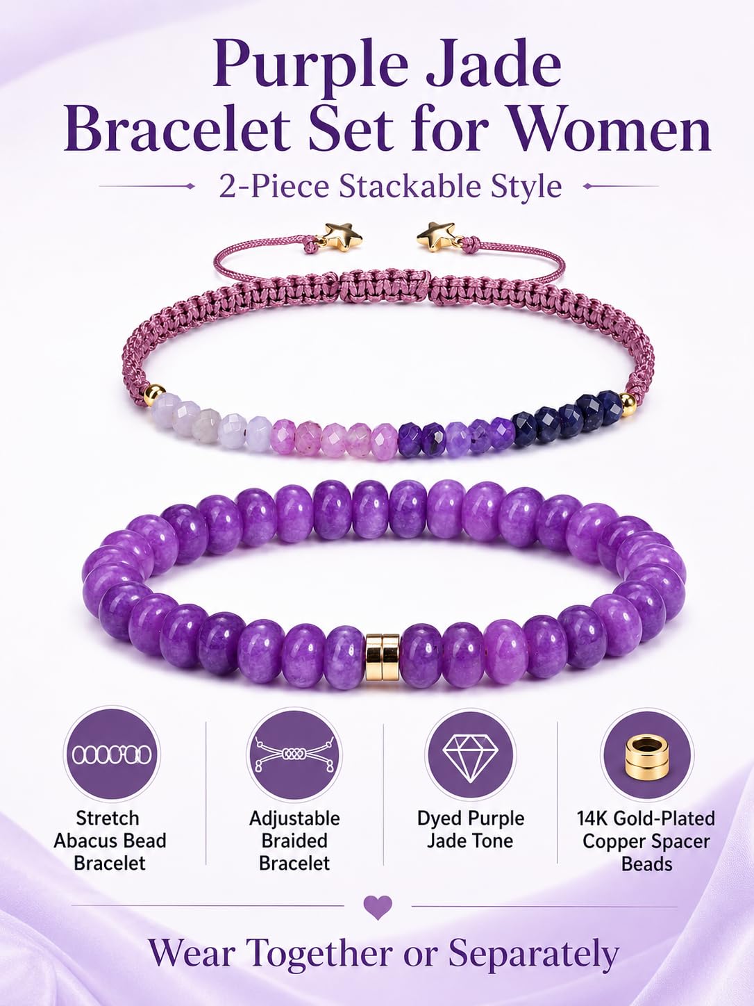 CrystalTears Purple Jade Beaded Bracelets for Women, 2pcs Stackable Boho Crystal Gemstone Bracelets Set with Stretch Bracelet and Adjustable Braided Bracelet Summer Beach Jewelry Gifts for Women Her