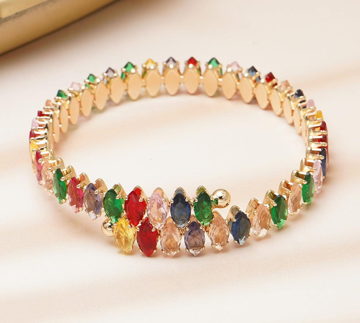 Wovanoo Rhinestone Cuff Bracelet Cubic Zirconia Tennis Bracelets Open Adjustable Bangle for Women Gold Colorful