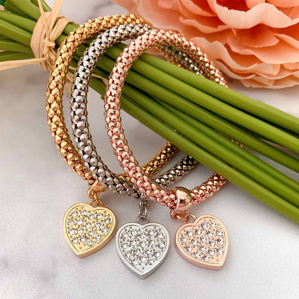 SILANER Crystal Charms Multilayer Bracelets - 3PCS Gold/Silver/Rose Gold Corn Chain Bracelet for Women, Tree of Life Heart Shaped Stretch Bracelet (PAVE CRYSTAL HEART CHARM)