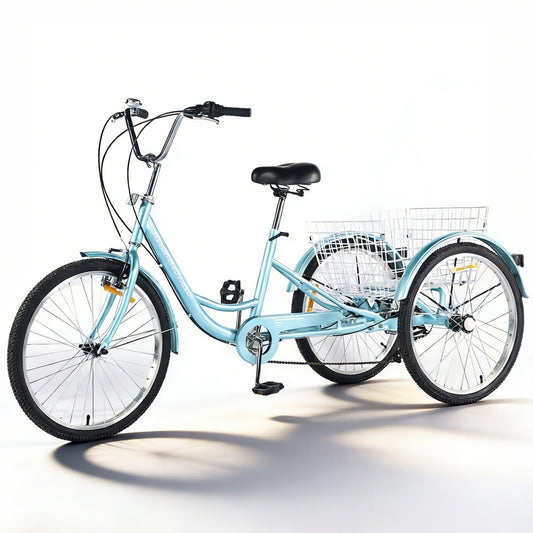 Adult Tricycle 7 Speed, 24 Inch 3 Wheel Trike Load 550lb,with Rear Basket,for Women，Seniors Picnic Exercise Shopping (Blue)