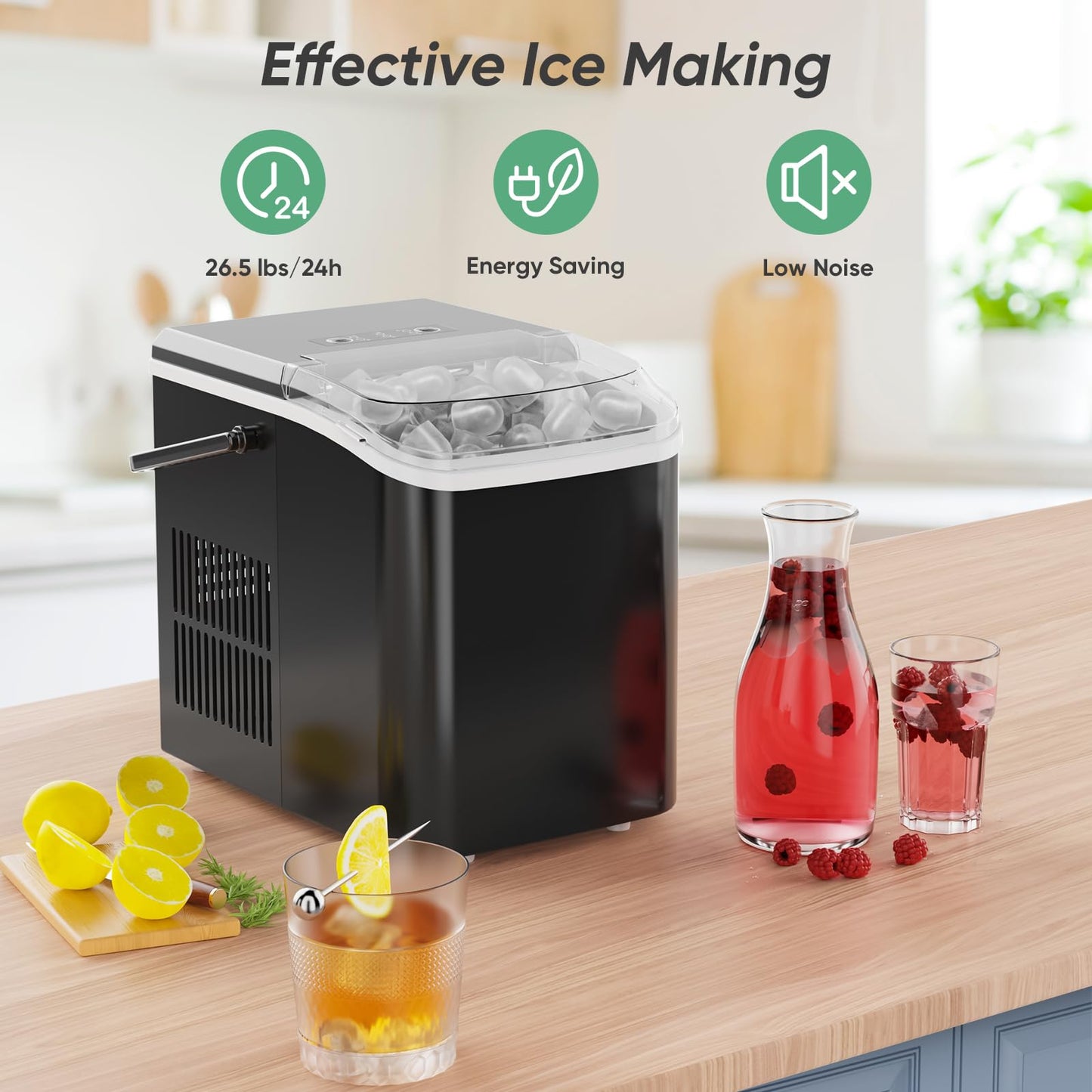 DUMOS Countertop Ice Maker, Portable Ice Machine Self-Cleaning, 9 Cubes in 6 Mins, 26.5Lbs/24H, 2 Sizes of Bullet Ice, Ice Scoop, Basket & Handle, Ice Cube Maker for Home Kitchen Party,1.5 L, Black