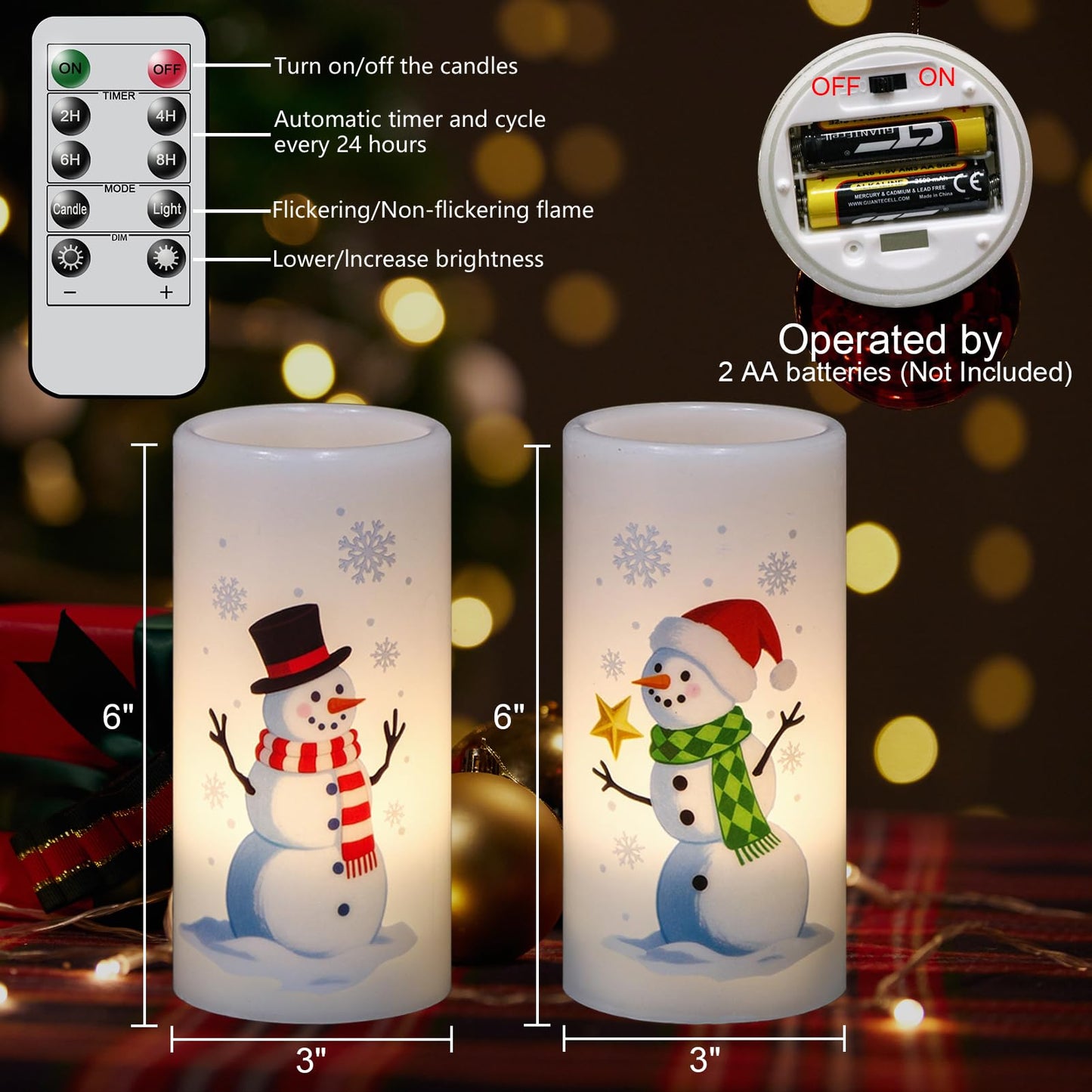 Eldnacele Christmas Snowman Flameless Candles Battery Operated with Remote and Timer Real Wax Flickering LED Pillar Candles Xmas Holiday Indoor Decor(2 Pack, 3" D x 6"" H)"