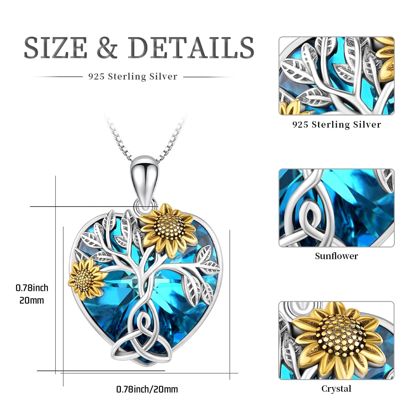 CHENGHONG Sunflower Necklace 925 Sterling Silver Celtic Knot Necklace Tree of Life Pendant Sunflower Crystal Jewelry Gifts for Women Gifts