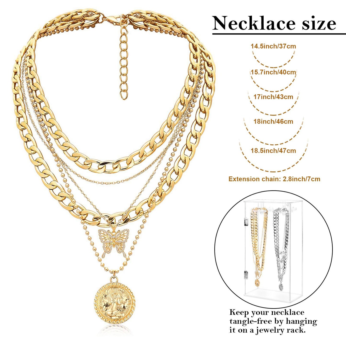 MJartoria Gold Layered Necklaces for Women Trendy Retro Coin Pendant Necklace Dainty Chunky Chain Choker Necklaces for Jewelry Birthday Gifts (Gold, A-X-Hollow Butterfly-5 in 1 Layered)