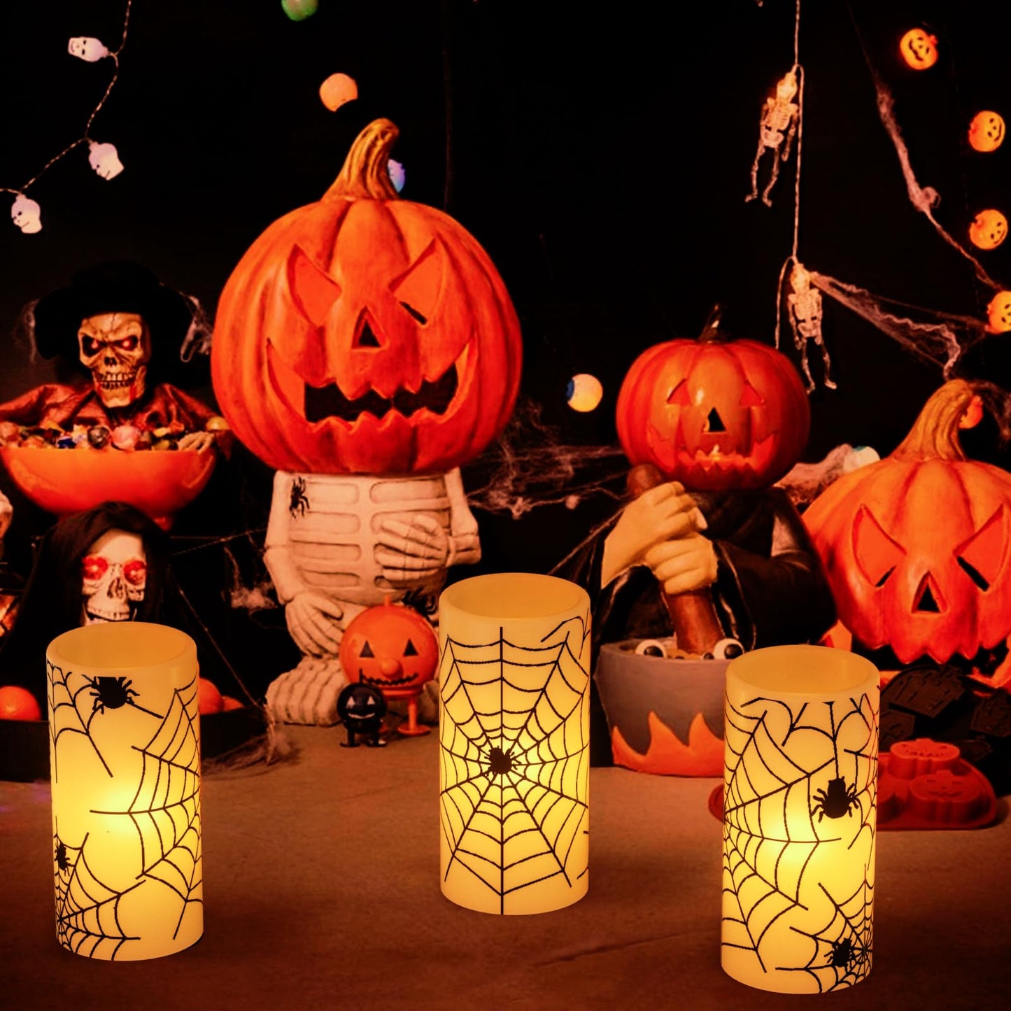 Wondise Halloween Flickering Flameless Candles with Spider Decals, Battery Operated Candles with 6hrs Timer, Real Wax Halloween LED Candles for Horror Spooky Halloween Home Decoration(Set of 3, 3"x6"")"