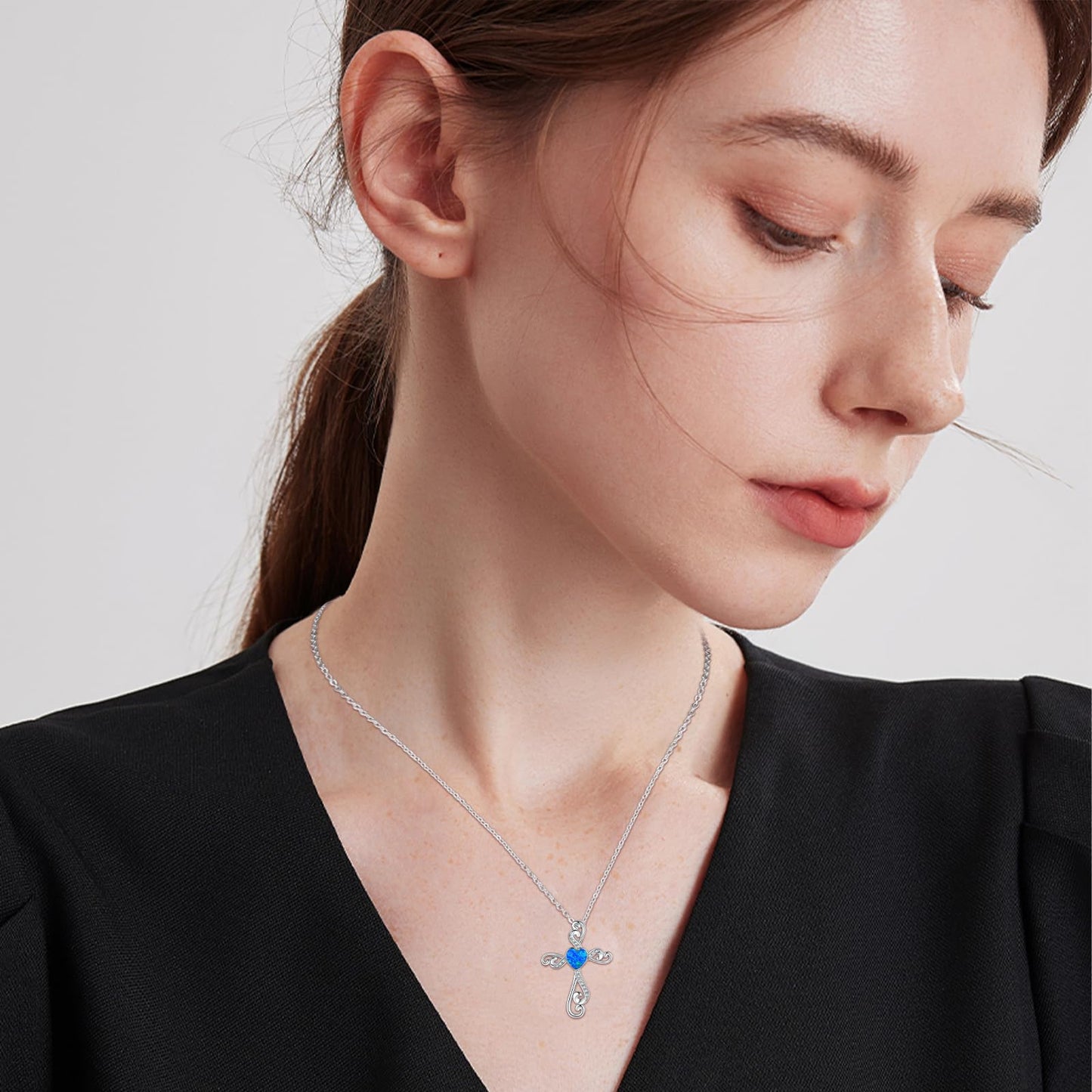 Twoowl Cross Necklace for Women 925 Sterling Silver Blue opal Cross Pendant Religious Necklace Cross Jewelry Gifts Birthday Christmas for Mom