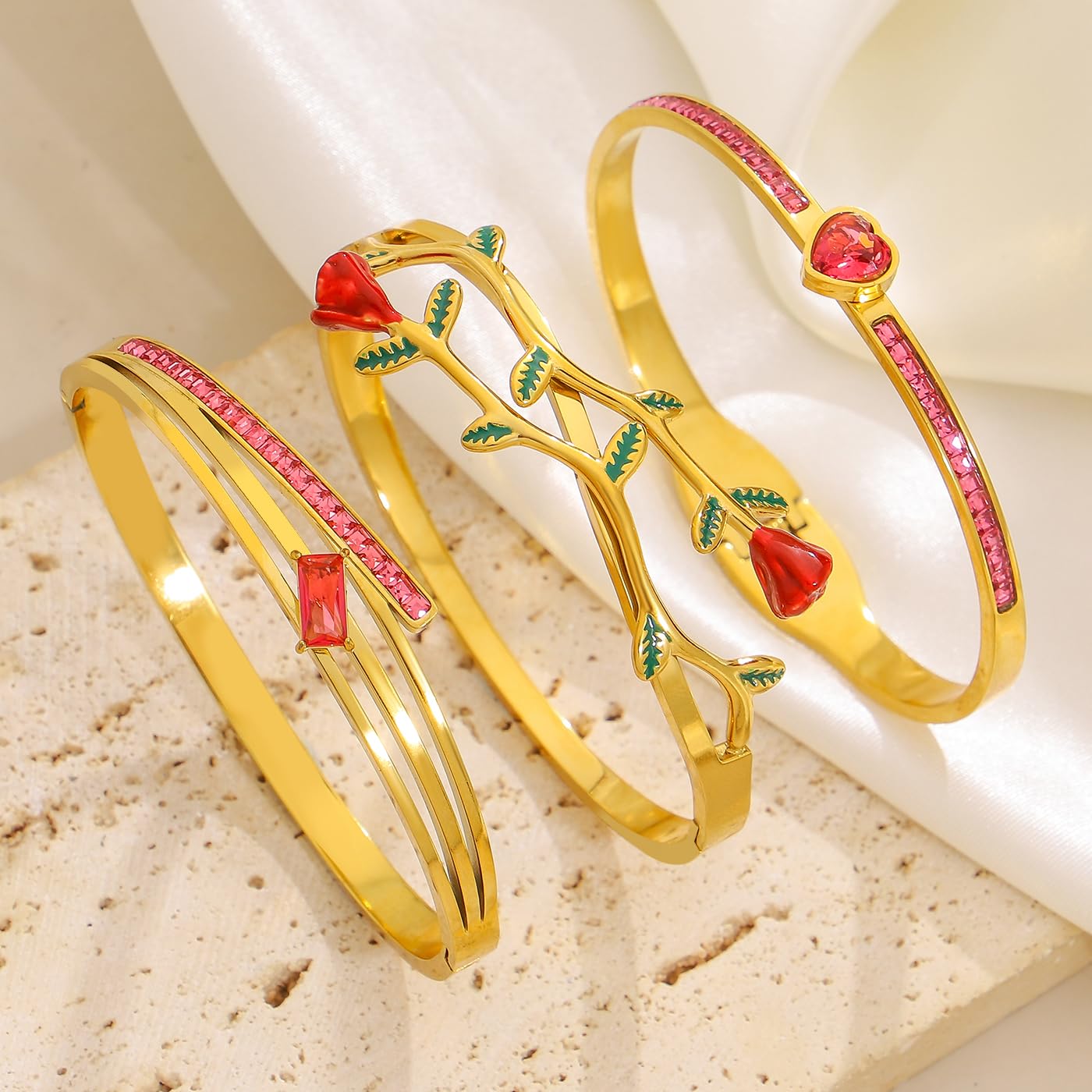hotoo Rose Floral Stackable Bangle Sets For Women - 18K Gold Plated Stainless Steel Bangle Bracelets Sets Red Heart Gold Bangle Set For Christmas Mother's Day Trendy Jewelry Gifts