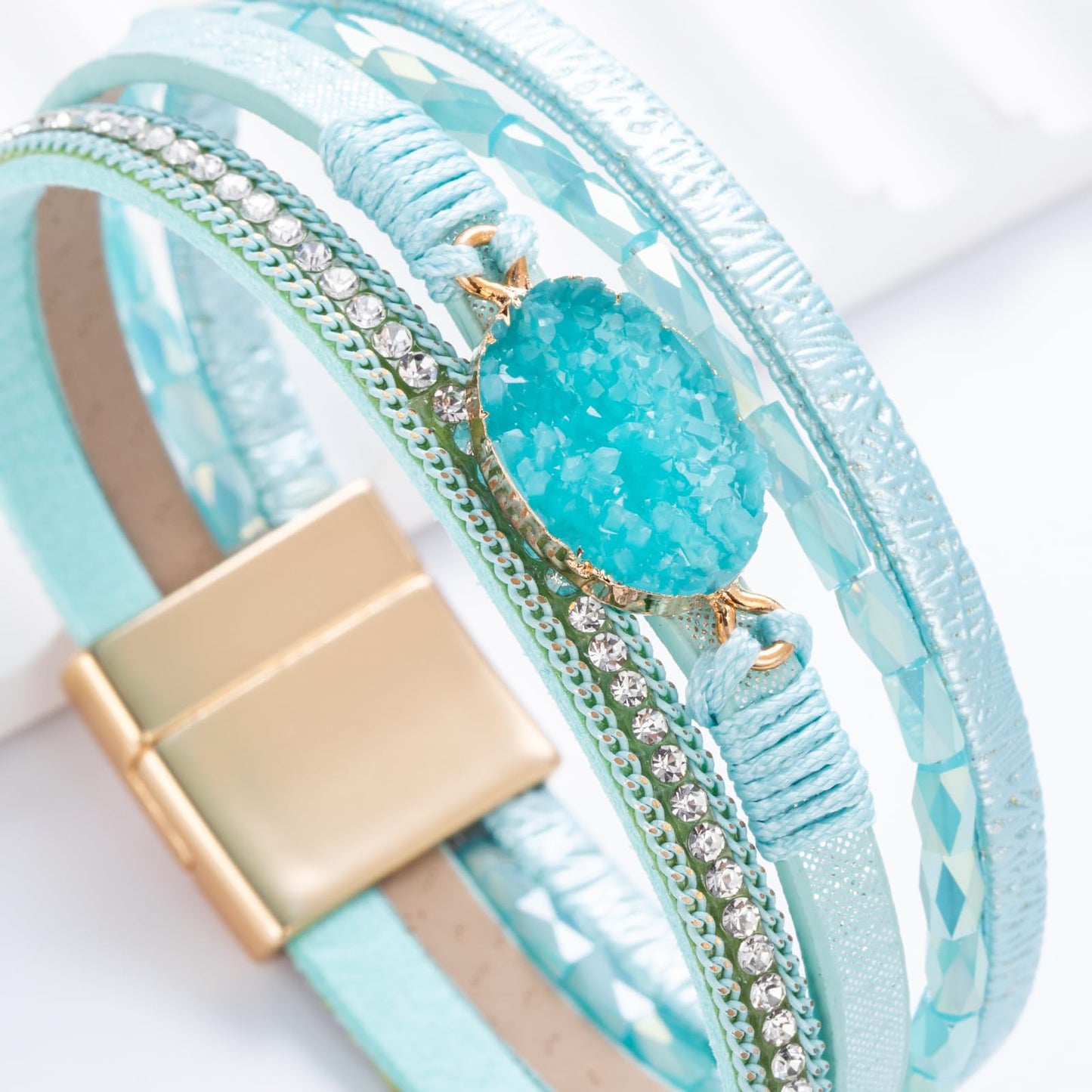 FANCY SHINY Boho Leather Wrap Bracelet Stackable Chunky Crystal Cuff Bracelets with Magnetic Clasp Cowboy Cowgirl Western Summer Beach Outfits Jewelry Gifts for Women (7.7", Teal)