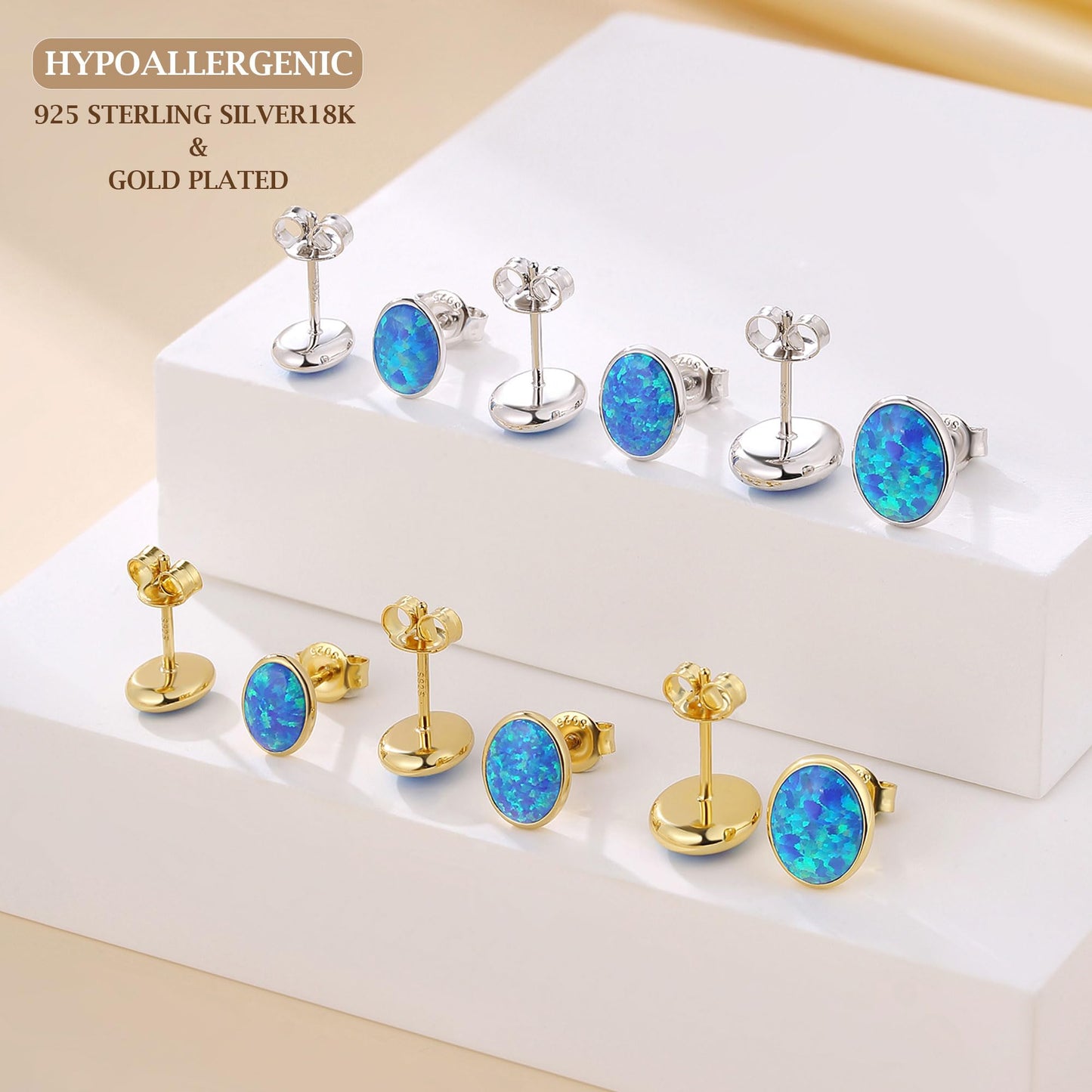 JiayangJY Silver Blue Fire Opal Stud Earrings for Women 18K Yellow Gold Plated Sterling Silver Oval Shape 7mm Opal Earrings with Push Back