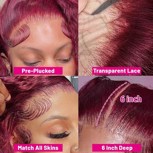 Burgundy Wig Human Hair 99j Burgundy 13x6 HD Transparent Deep Wave Lace Front Wigs Human Hair 180 Density Pre Plucked Brazilian Virgin Red Wig Human Hair For Black Women (99j Burgundy, 20 Inch)