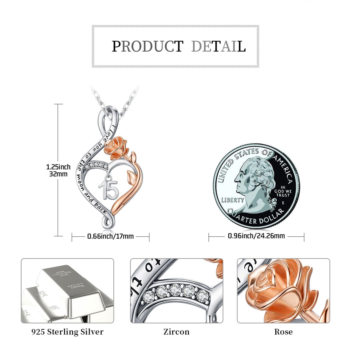 KoyeKei 15th Birthday Quinceanera Gifts for Daughter 15 Year Old Necklace 925 Sterling Silver Rose Flower Heart Infinity Pendant Jewelry Birthday Gift for Women Granddaughter