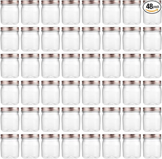 novelinks 8 oz Clear Plastic Jars with Airtight Lids, 48 Pack Plastic Mason Jars with Lids 8oz, Refillable Storage Slime Containers & Small Spice Jar for Kitchen Organization (48 Pack,Rose Gold)