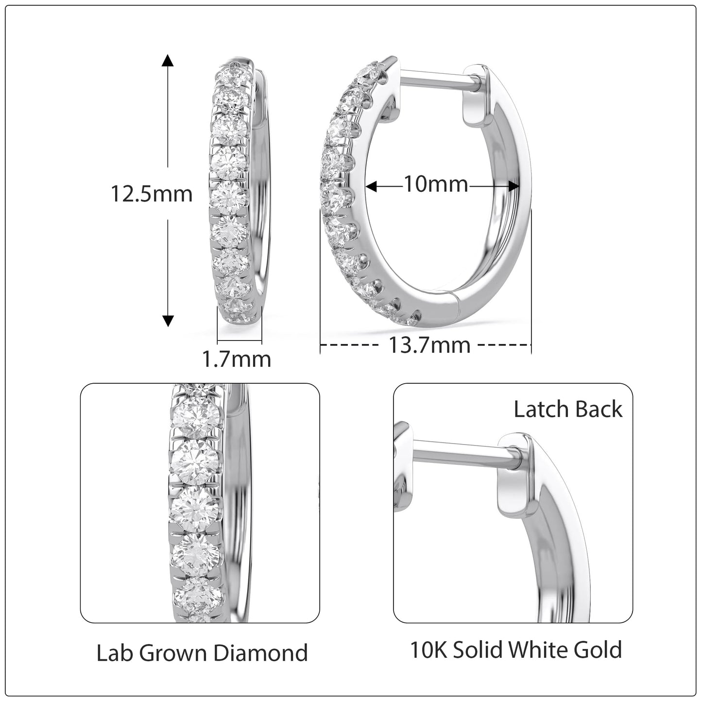 10MM Huggie Hoop Earrings for Women, 0.25 Carat (ctw) Round Natural Diamond Hoop Earrings in 10K Solid White Gold Jewelry for Her