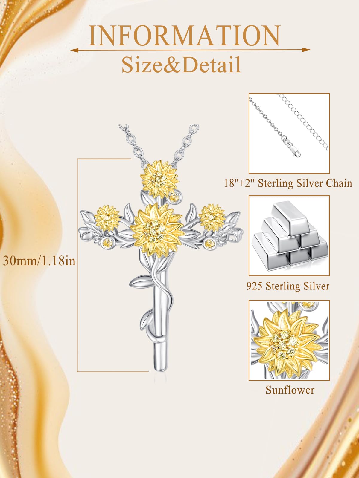 Zhi Kexin Sunflower Cross Pendant Necklace for Women 925 Sterling Silver Flower Jewelry Mothers Day Birthday Gifts for Sunflower Lovers