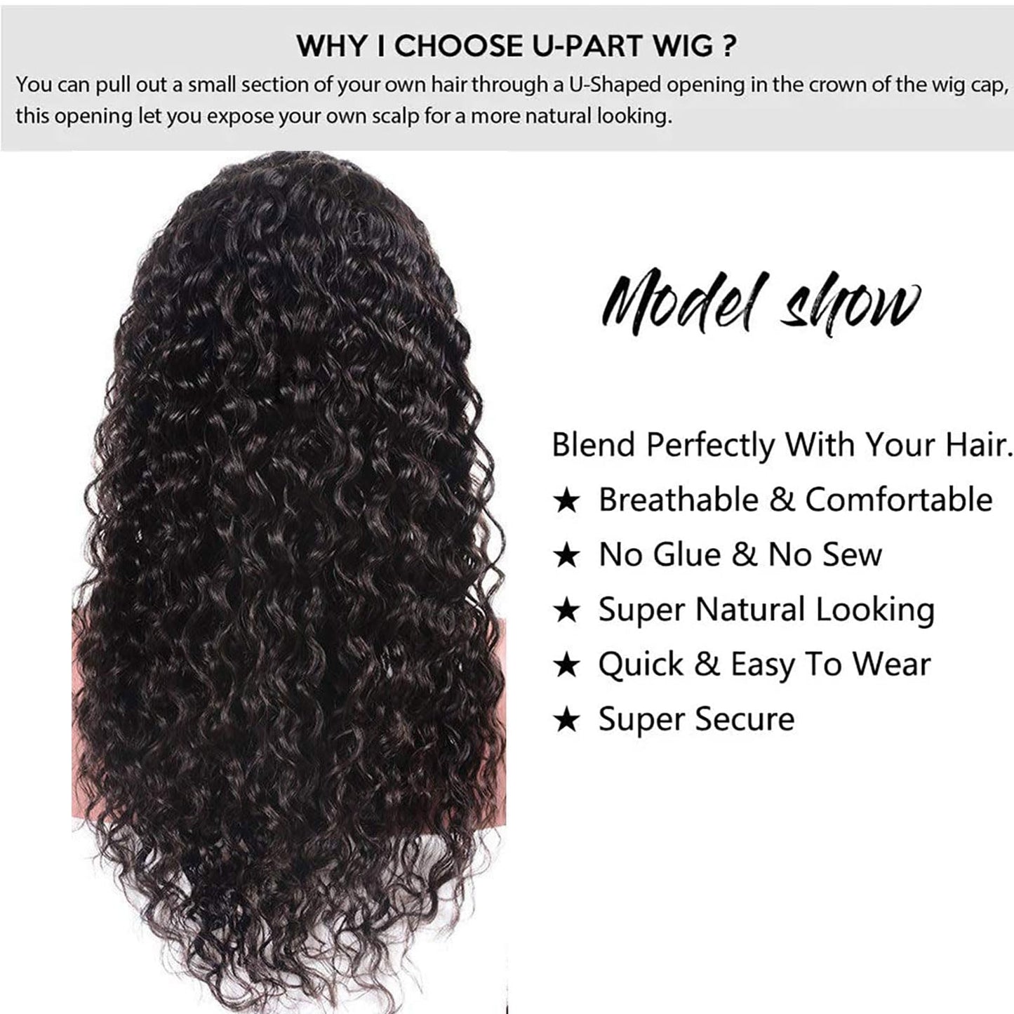 huarisi U Part Wig Human Hair for Women, 100% 10A 1b Brazilian Hair Straight, Glueless Full Head Clip in Half Wigs U Shape Wigs, 150% Density Natural Color (10 Inch)
