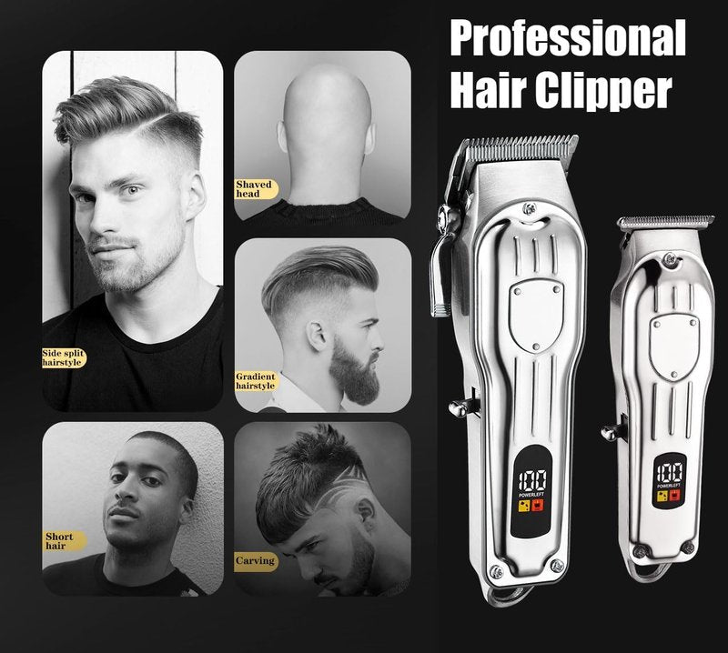 Professional Hair Clippers for Men - Cordless Hair Trimmer Kit with LCD Display | Rechargeable Silver Hair Cutting Set