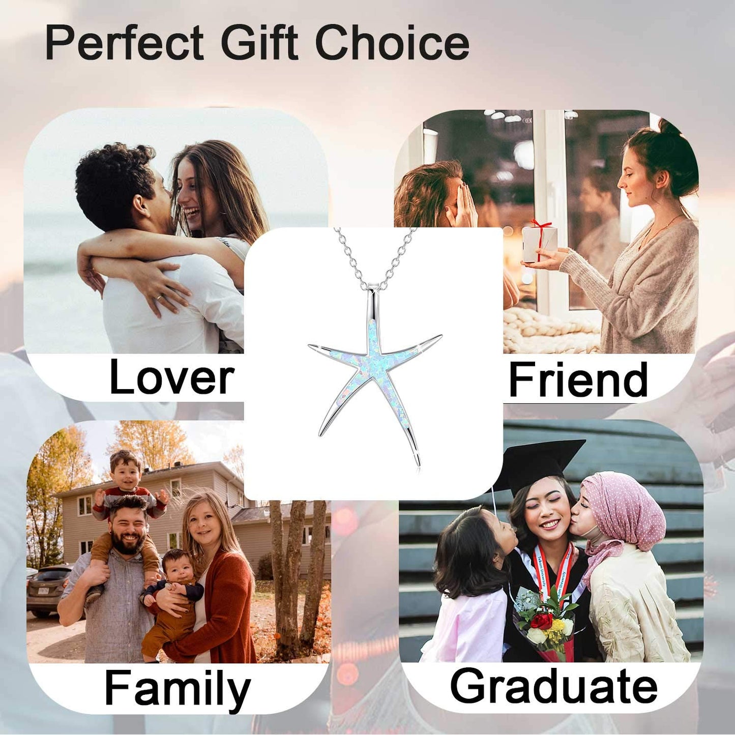 Cuoka Starfish Necklace, 925 Sterling Silver with White Opal, Hawaiian Beach Nautical Ocean Pendant, Starfish Jewelry Opal Jewelry Valentine for Women Girlfriend