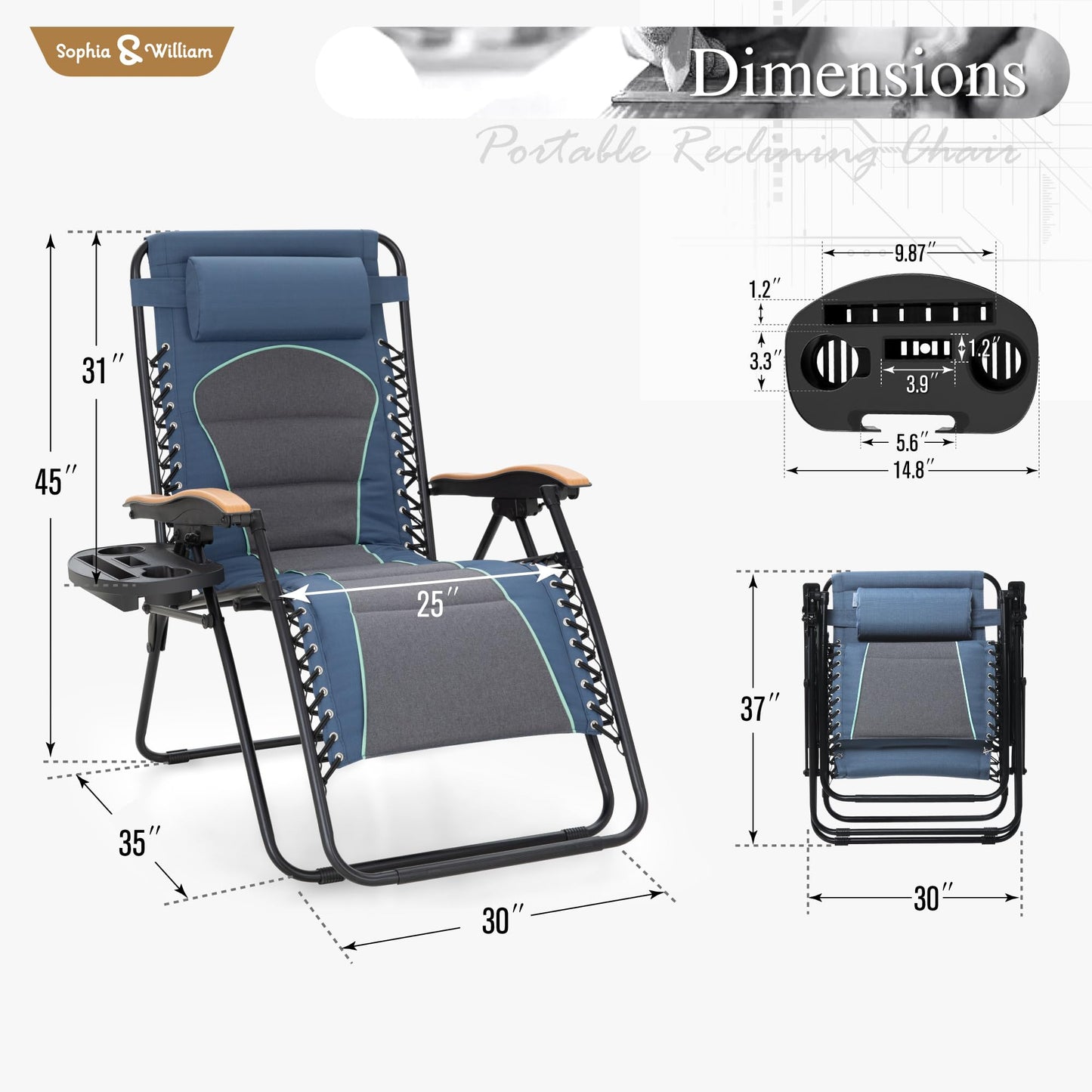 Sophia & William Oversized XXL Zero Gravity Chair Set of 2, Outdoor Recliner Zero Gravity Lounge Chair Outdoor Gravity Chair with Free Cup Holder, Supports 400 LBS (Blue)