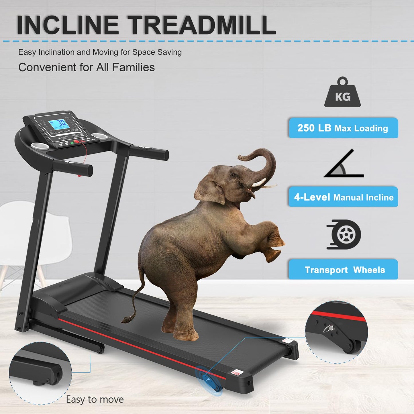 Home Foldable Treadmill with Incline, Folding Treadmill for Home Workout, Electric Walking Running Treadmills Machine 5" LCD Screen 250 LB Capacity Bluetooth Music