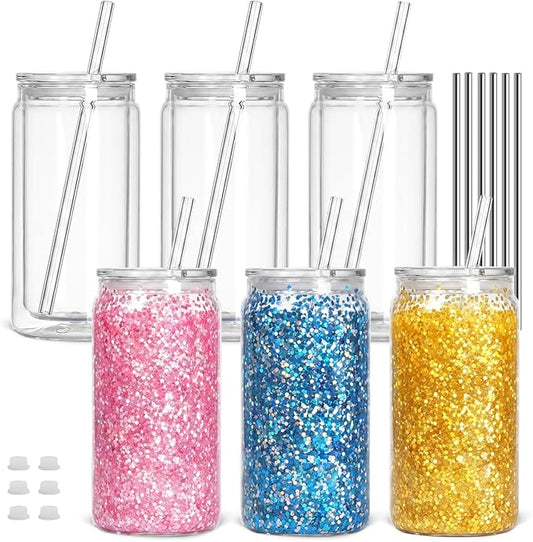 16 oz Plastic Snow Globe Tumbler, Double Wall Snowglobe Tumbler with Pre Drilled Hole Clear Acrylic Cups with Lids and Straws for Iced Coffee Boba Juice Soda 6 Pack