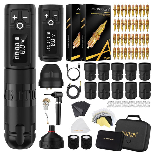 Ambition Soldier Tattoo Kit -Wireless Tattoo Machine Kit Complete with Extra 2400mAh Power 40pcs Cartridge Needles Bandage Gloves Ink Mixer Ink Cup Disposable Handle for Professional Tattoo Artists