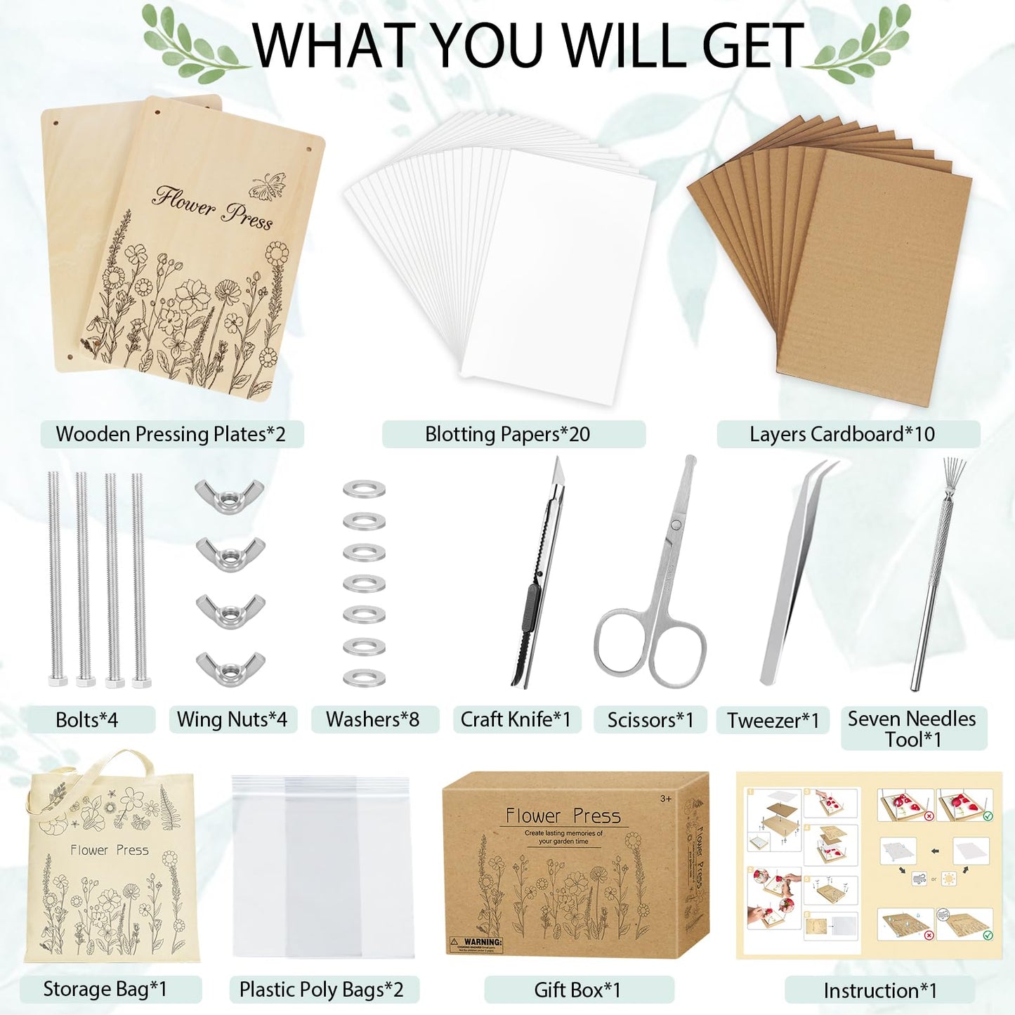 Dreamon Large Flower Press Kit - 11.8" x 8.3" 10 Layers DIY Wooden Flower Pressing Kit with Storage Bag Arts and Crafts Kits for Adults & Teens, Great Gift for DIY Arts and Crafts Lovers