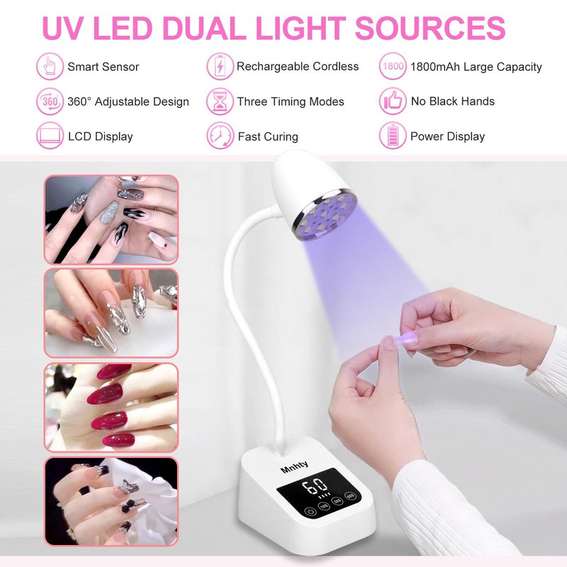 Mnhty U V LED Nail Lamp, Goose Neck Flash Cure Lamp 27W Rechargeable Mini U V Light for Gel Nails, Cordless Flash Cure Light with 3 Timers&Sensor, Fast Curing Gooseneck Lamps for Gel X, Snow White