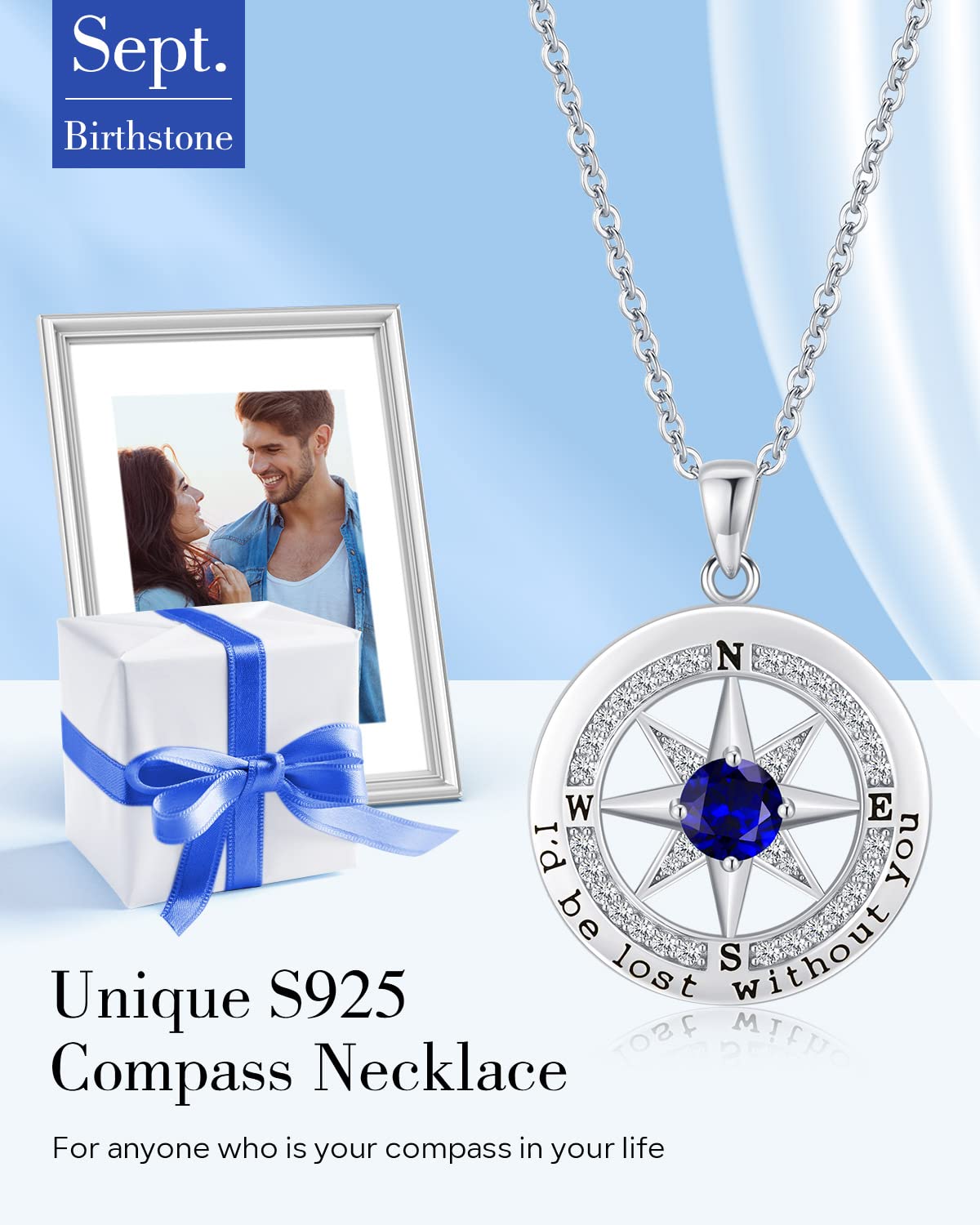 S925 Sterling Silver Necklace for Wife, Women Anniversary Year Gifts Compass Jewelry, Birthday Gift Ideas for Her Girlfriend Woman Necklaces, 18K White Gold September