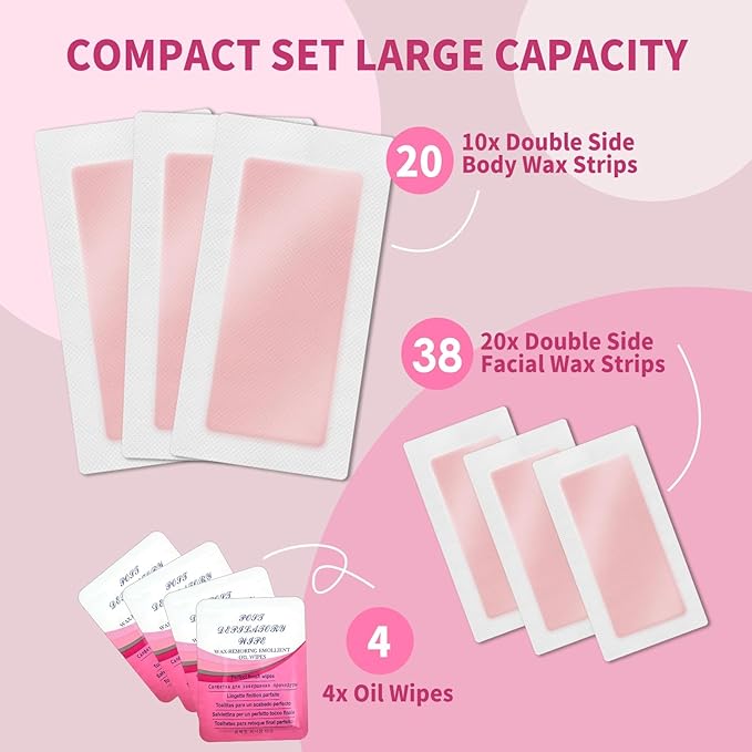58 PCS Wax Strips - 38 Facial & 20 Body Waxing Kit for Women’ s Hair Removal,Wax Strips for Face,Eyebrow,Body, Arms, Legs, Chest, Back, Bikini/Brazilian Waxing Strips & 4Calming Oil Wipes