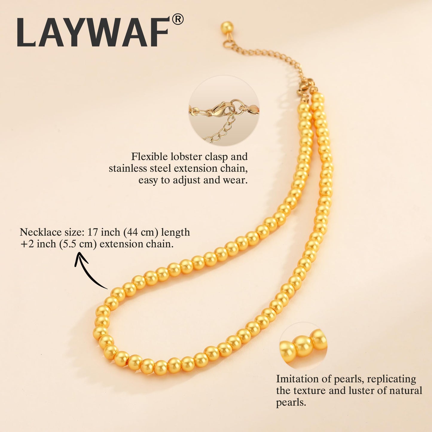 LAYWAF Imitation Pearl Choker Necklaces for Women, Simple Fake Pearl Yellow Necklace, 6MM Beaded Costume Faux Pearl Necklace, Wedding Jewelry Mom Necklace