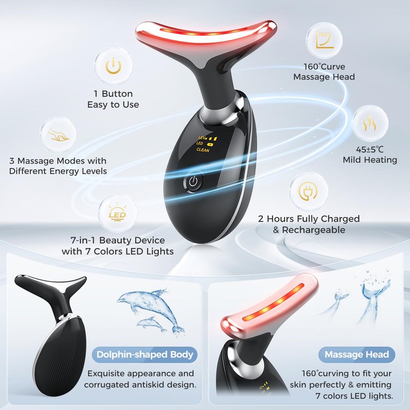 MCSYPOAL 7-in-1 Deplux Face Neck Massager for Skin Care at Home, Facial Massager Glossy Black